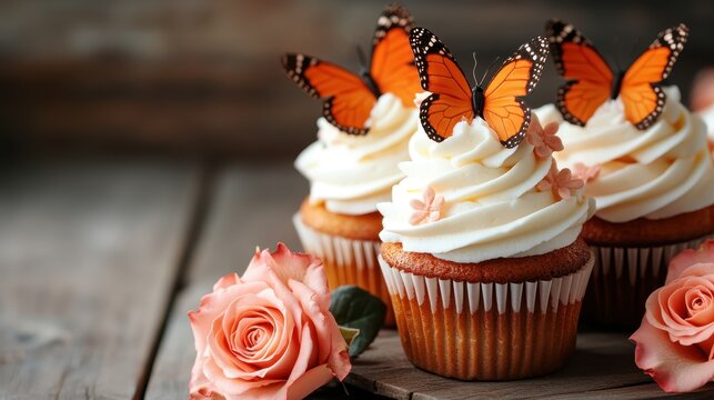 Luxurious cupcakes adorned with delicate butterflies and fresh roses, combining sweetness and elegance, perfect for bakery promotions or dessert-themed inspirations.