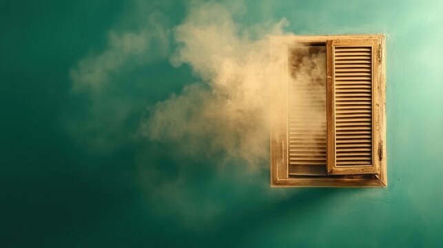 An intriguing view of a window with opened shutters, partially obscured by a mist, creating a mysterious and atmospheric space filled with intrigue and depth.