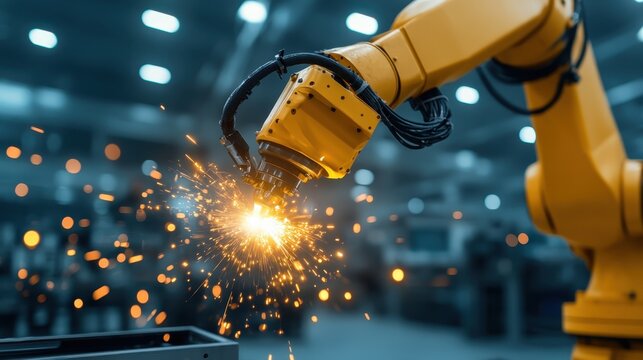 A visually striking image of a robotic arm working tirelessly in an industrial setting, showcasing innovation and technology in modern manufacturing with flying sparks. - Powered by Adobe