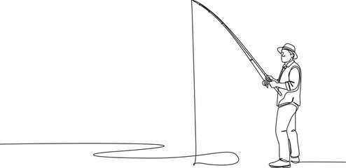 continuous single line drawing of man fishing with fishing rod, line art vector illustration