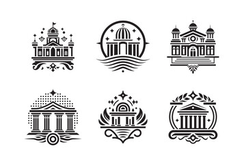 College clip art. University building icon set. Illustration of college building or campus landmark