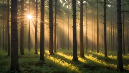 Obraz premium Majestic sunlight filters through a dense forest, creating a beautiful, ethereal scene.