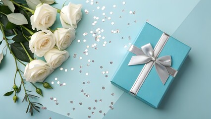 Blue and Silver Gift Box with White Roses on Light Blue Background , Minimal Festive Scene