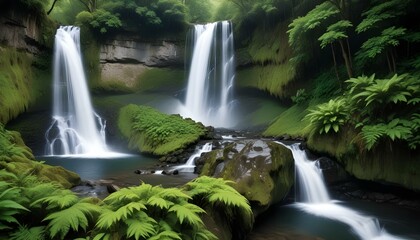 Fototapeta premium Three stunning waterfalls cascade through a lush green forest, creating a tranquil scene.