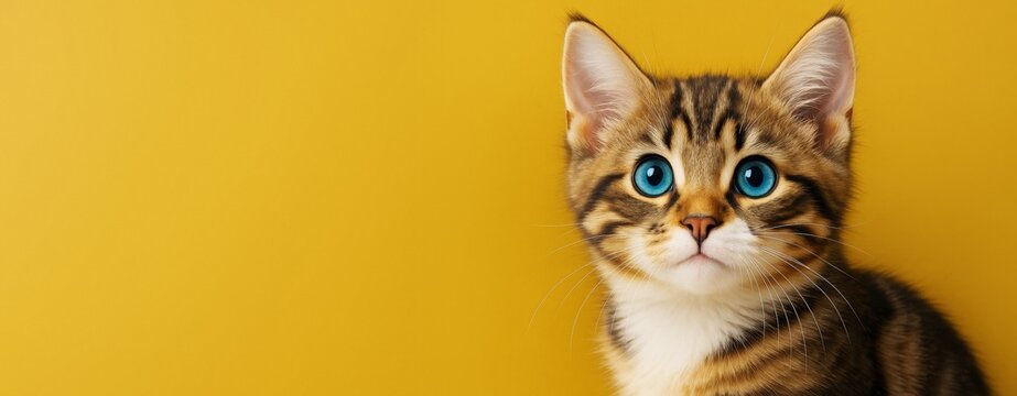 Close-up of cute tabby kitten with bright blue eyes on yellow background with copyspace for advertising or poster concept. Ai generative.
