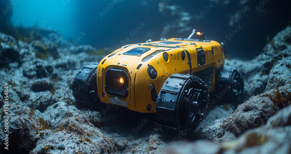 Poster a robotic submarine equipped with advanced technology navigates through the ocean depths, exploring 