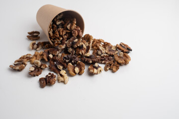 Walnuts close up. Healthy food. Walnuts in paper cups
