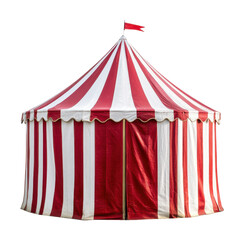 Bright red and white striped tent stands in a field ready for community gathering during sunny afternoon