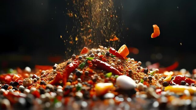 Exquisite spice blend falling onto a mound, creating a visually captivating culinary experience
