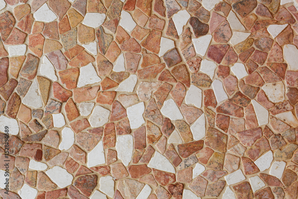 Poster High-resolution image of a mosaic tile texture with irregular red and white stones. Perfect for backgrounds and design projects.
