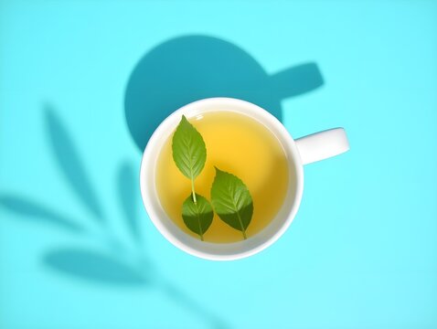 White cup with golden herbal tea and green leaves casting long shadows on bright blue background