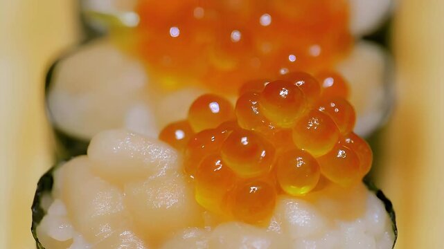 Macro Close-Up of Scallop and Ikura Gunkan Maki Sushi