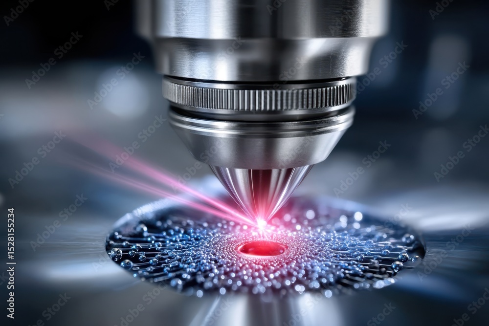 Poster laser cutting process in a workshop with detailed focus on nozzle and material interaction
