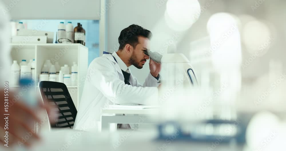 Poster man, scientist and tablet with microscope for forensic data, medical research or discovery at lab. m