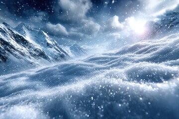 Fototapeta premium Snow-covered mountain landscape under a cloudy sky at dawn