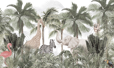 Minimalist Wildlife Mural: Gentle African Animals in Soft Gray Tropical Forest © csinie1