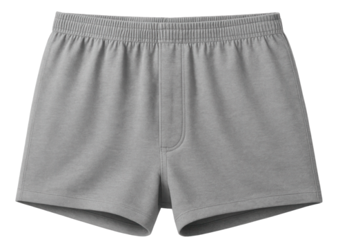 Gray men's boxer shorts with an elastic waistband and simple design on transparent background.
