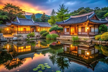 Fototapeta premium Discover Gwangyang's hidden gem: picturesque Maehwa Village's hanok pond, perfect for urban photography.