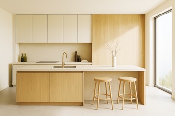 Fototapeta premium Minimalist contemporary kitchen interior with wooden cabinets, modern stools, and soft natural light inside a bright, clean architectural room space.
