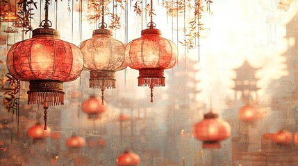 Red lanterns hanging in a chinese town during a festival