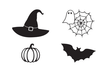Halloween icons set witch hat ghost pumpkin bat