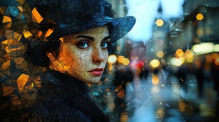 Woman with hat posing with a polygonal filter over a blurred city background