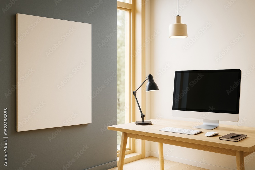 Poster minimalist workspace interior with computer, blank canvas on wall and natural light from window in m