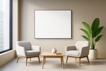Minimalist modern interior with armchairs, wooden table, large blank frame on wall and potted plant near window in bright clean room. Ai generative.