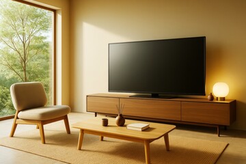 Modern minimalist living room with wooden furniture, large TV, and warm lighting in a bright interior space with large window and natural light.