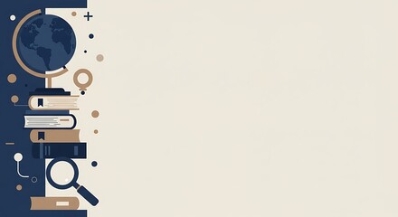 Obraz premium Globe atop books and magnifying glass in a flat design on a split background