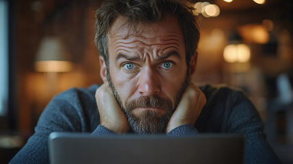 Thoughtful Man with Laptop in Cozy Cafe Setting