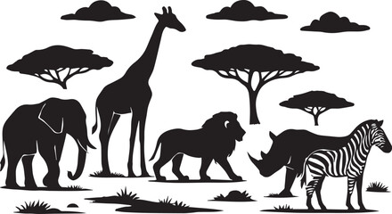 African Safari Animals Silhouette Collection Elephants, Giraffes, Lions, Rhinos, Zebras