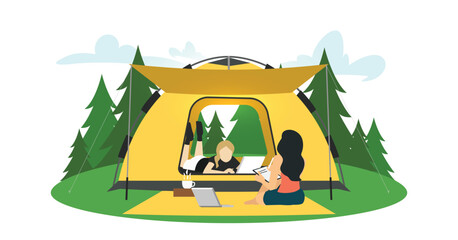 Remote Work and Camping in Nature Illustration Vector