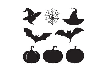 Halloween icons black silhouettes set design