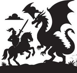 Brave Knight on Horseback Facing Mighty Dragon A Silhouette Illustration