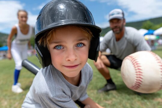 Young baseball player prepares to hit at local sports event on a sunny day