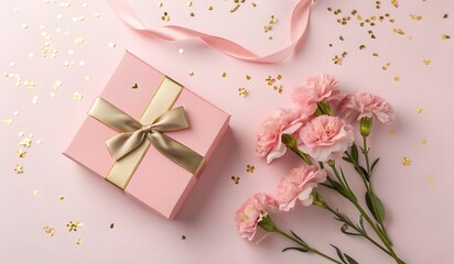 Top-down view of a pink and gold gift box with soft pink carnations