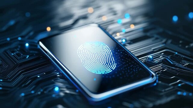 Smartphone with glowing fingerprint scanner screen, lying futuristic digital circuit board, representing biometric authentication, electronic security, and advanced technology innovation with secure - Powered by Adobe