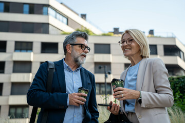 Friendly business colleagues enjoying coffee and conversation outside office buildings