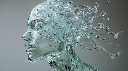 A shattered glass sculpture of a human figure