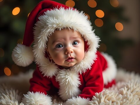 A newborn in modern Santa Claus costume on Christmas background