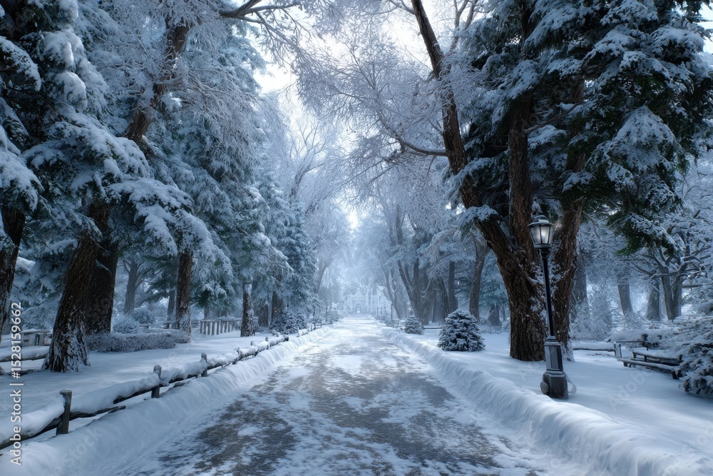 Poster snow-covered pathway through a serene winter forest with gentle light filtering through trees