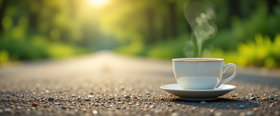 A beautiful cup lying on a road with a greenry background.
