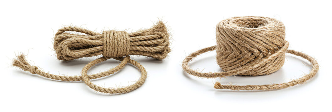Natural brown jute twine roll with tied loop. Jute twine craft supply for packaging and decor isolated on a white background