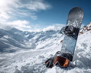 Snowboard planted upright in fresh powder snow beside orange-lensed goggles and gloves, set against panoramic alpine mountain slopes under a clear blue sky. ai generative