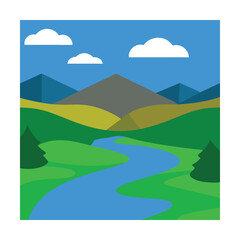 Flat Landscape Illustration with River, Hills, and Mountains

