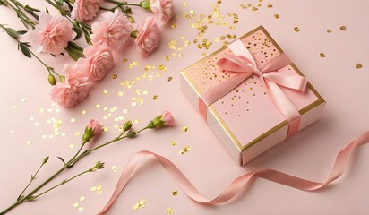 Pink and Gold Gift Box with Carnations on Soft Pastel Background – Flat Lay Celebration Concept