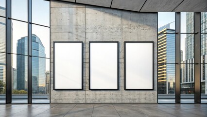 Three empty vertical posters on concrete wall in a modern glass office building with skyscraper reflections in the background.