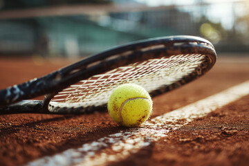 Tennis racket resting over a yellow ball on a clay court baseline, bathed in warm sunlight, capturing the intensity and calm of match moments. ai generative