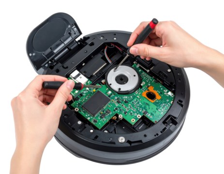 Hands repairing a robotic vacuum cleaner by working on its internal circuit board with a screwdriver.